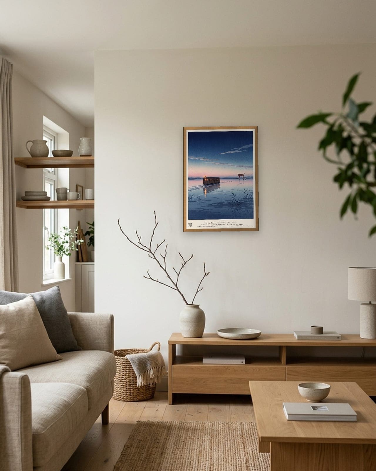 The Last Train at Dusk: Natural oak frame, A3, japandi living room