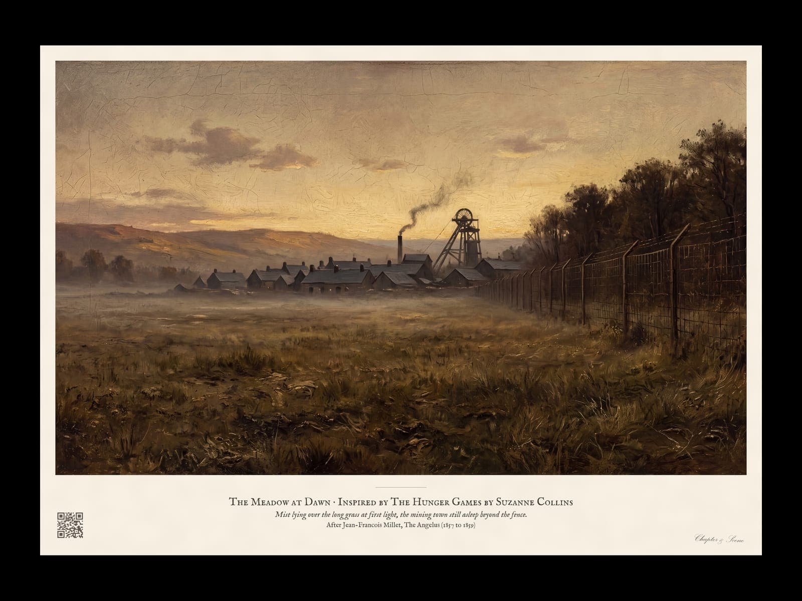 The Meadow at Dawn art print in the style of a Millet rural painting: a misty meadow of wild grass before a small mining town with slate roofs and a pit-head wheel, a tall wire fence beside a dark wood and a pale gold dawn sky.