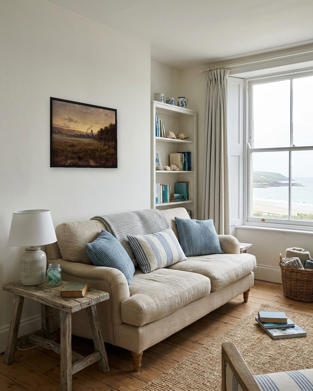 The Meadow at Dawn: Black frame A3, coastal living room, full bleed