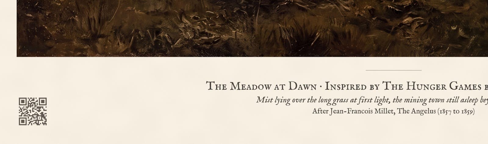 The Meadow at Dawn: Close-up of the sheet: the caption and the QR code to the story