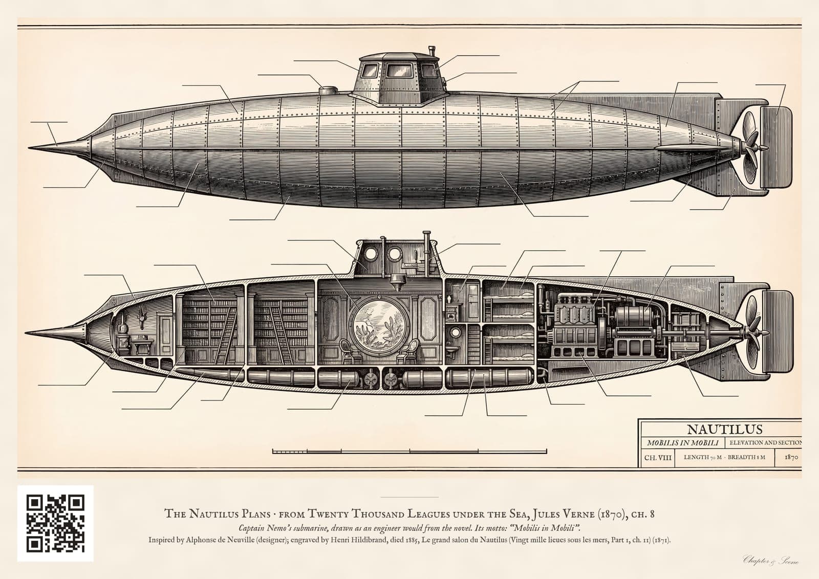 Nautilus blueprint print in blue-white plan lines: side elevation and plan of Captain Nemo's submarine with the saloon, library, engine room and bow spur on a fine grid, and the motto Mobilis in Mobili in the title block.