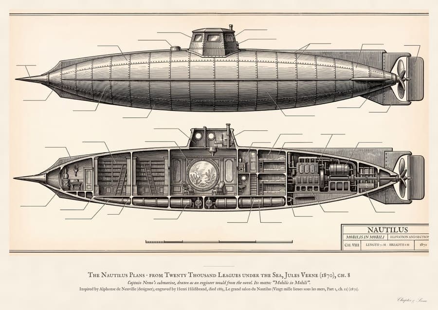 The Nautilus Plans, an art print inspired by Twenty Thousand Leagues under the Sea