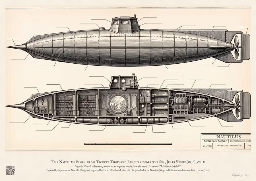 The Nautilus Plans, an art print inspired by Twenty Thousand Leagues under the Sea