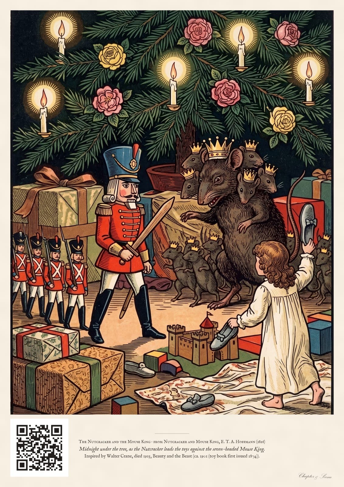 Nutcracker and the Mouse King art print in etched lines with soft colour: the toys full size under a Christmas tree at midnight, the Nutcracker leading toy soldiers against the seven-headed Mouse King as Marie raises her slipper.
