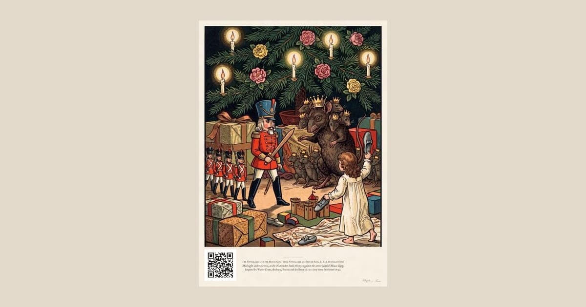 Nutcracker and the Mouse King art print in etched lines with soft colour: the toys full size under a Christmas tree at midnight, the Nutcracker leading toy soldiers against the seven-headed Mouse King as Marie raises her slipper.