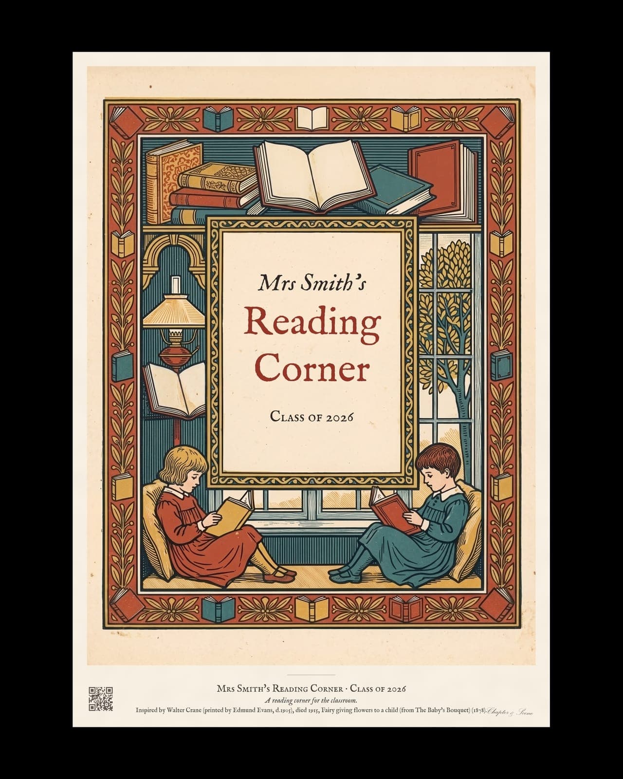 Personalised reading corner bookplate print in engraved ink on cream: a border of stacked books, a reading lamp and an open window, with Ex Libris above and a teacher's name and class year set in the centre.