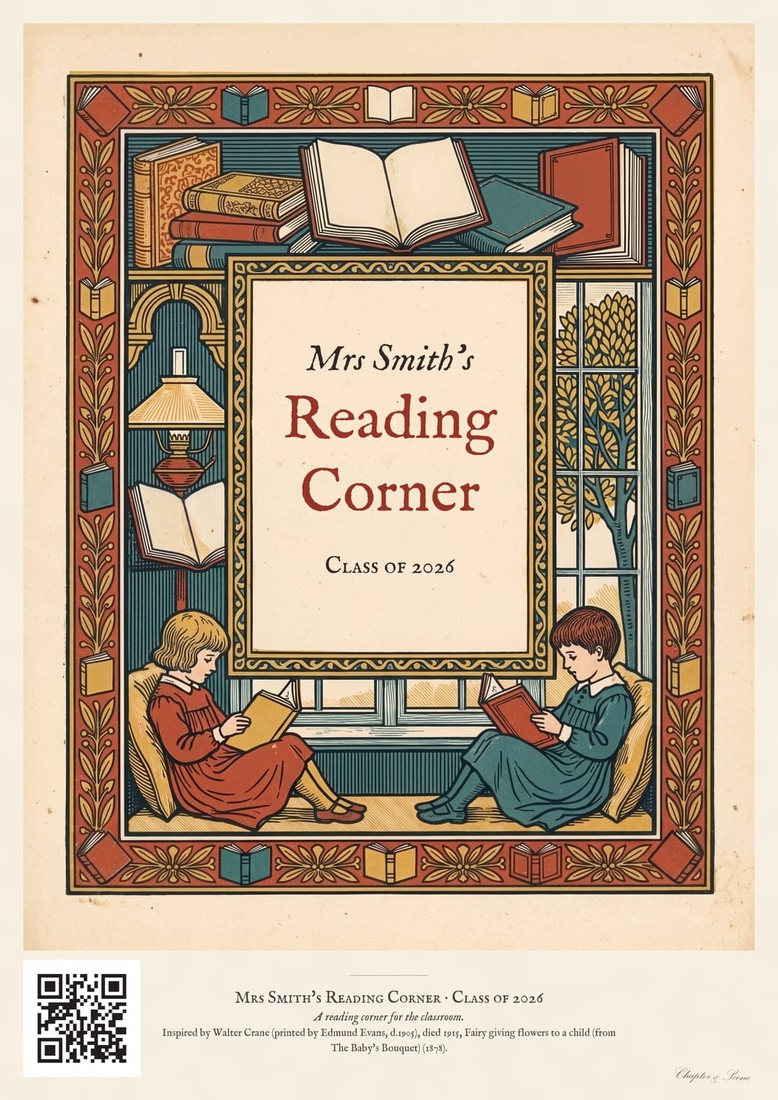 Personalised reading corner bookplate print in engraved ink on cream: a border of stacked books, a reading lamp and an open window, with Ex Libris above and a teacher's name and class year set in the centre.