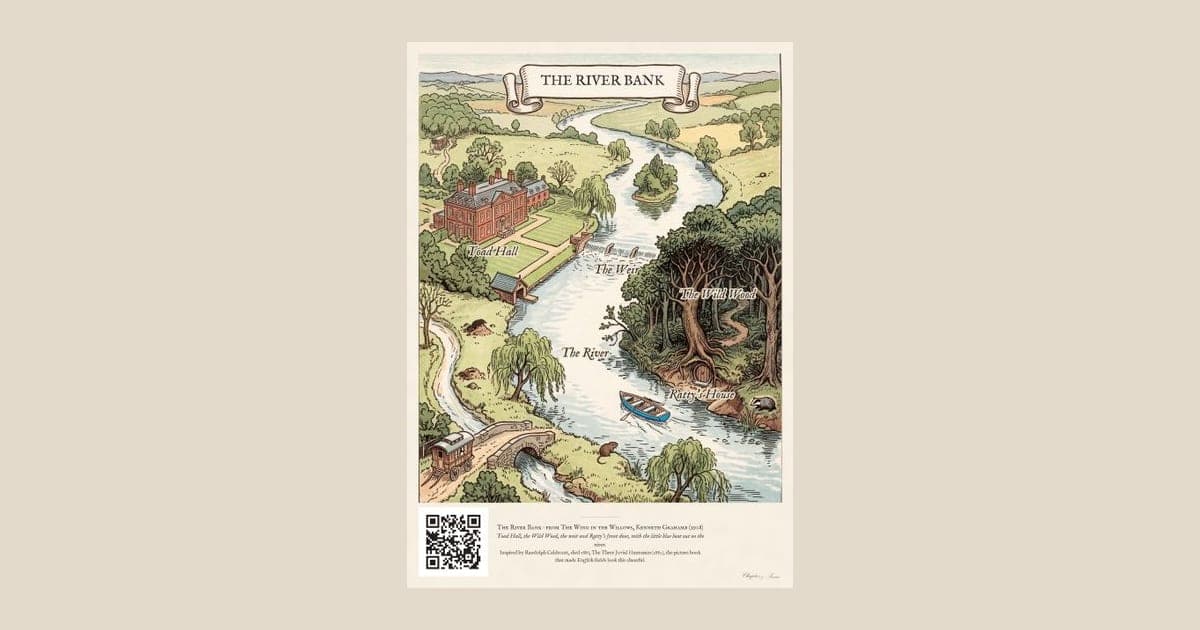 Wind in the Willows map print in soft watercolour with ink lettering: the river from Ratty's house past the weir to Toad Hall, with the Wild Wood dark on one bank and Badger's home hidden inside.