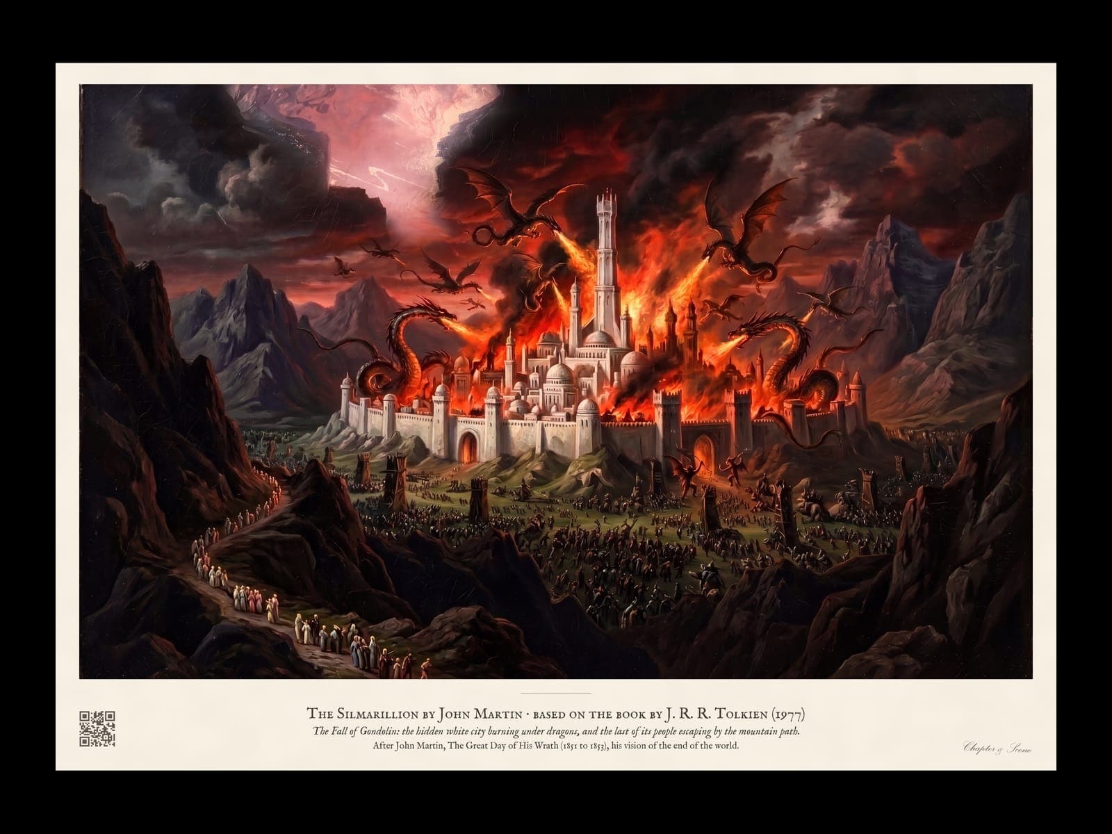 Fall of Gondolin art print in the style of John Martin: a white city of towers on a plain ringed by mountains under a burning red-orange sky, dragons sweeping the walls and a thin line of survivors climbing a mountain path.
