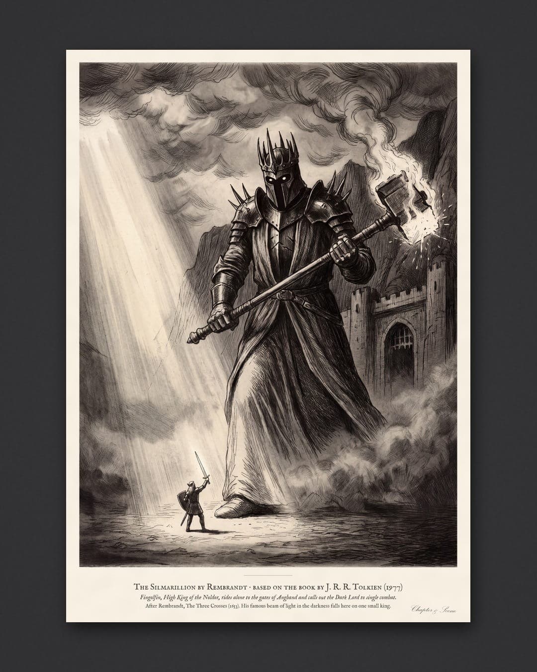 The Silmarillion by Rembrandt art print in drypoint style: the tiny Elf-king Fingolfin with shield and shining sword stands in a beam of light before the giant Dark Lord in a spiked crown with a fiery hammer at the gates of Angband. Shown framed in black, white or natural oak and unframed, with the style reference and behind-the-scenes shots.