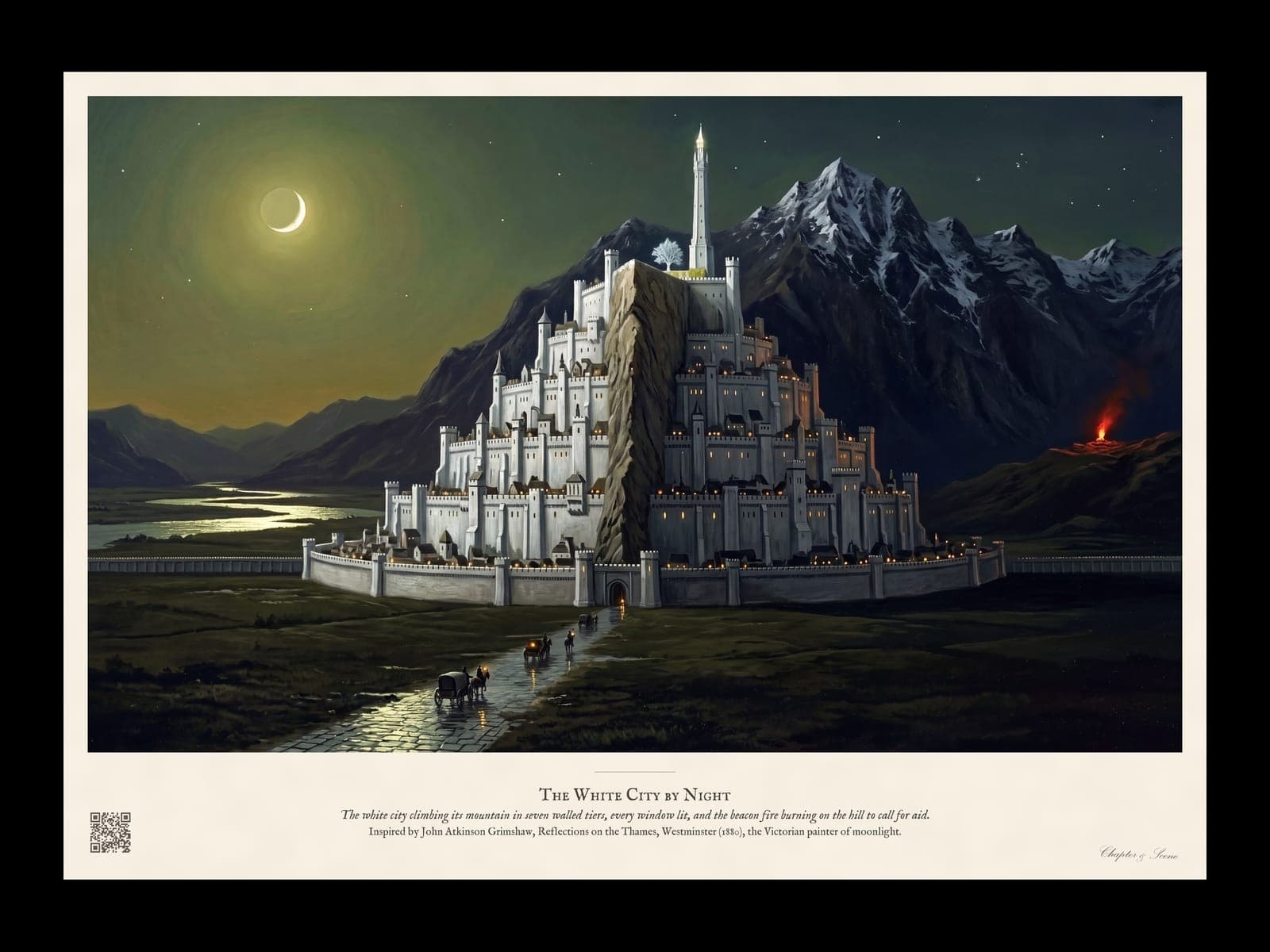 Minas Tirith by Night art print in the style of a Victorian moonlit oil painting: the white city rising in walled tiers up a mountain spur, a tall slender tower and a small white tree at its top, warm lit windows, a crescent moon, a winding river and a red beacon fire on a far hill.
