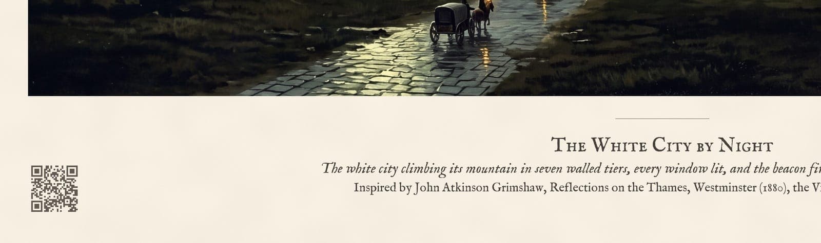 The White City by Night: Close-up of the sheet: the caption and the QR code to the story