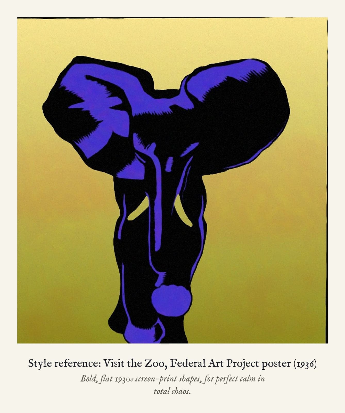 Style reference: Visit the Zoo, Federal Art Project poster (1936). Bold, flat 1930s screen-print shapes, for perfect calm in total chaos.