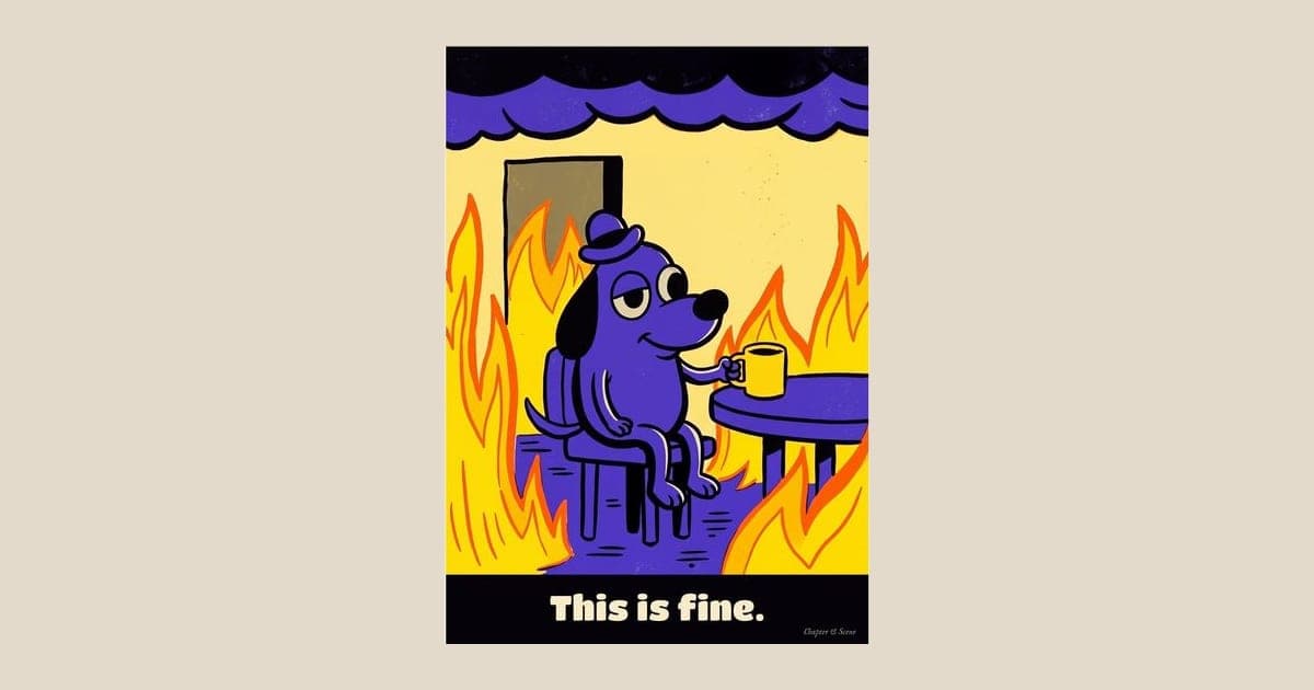 This is fine dog meme art print in bold 1930s screen-print poster style: a smiling dog in a hat sits at a table with a yellow mug while flames fill the room. Shown framed in black, white or natural oak and unframed, with the style reference and behind-the-scenes shots.