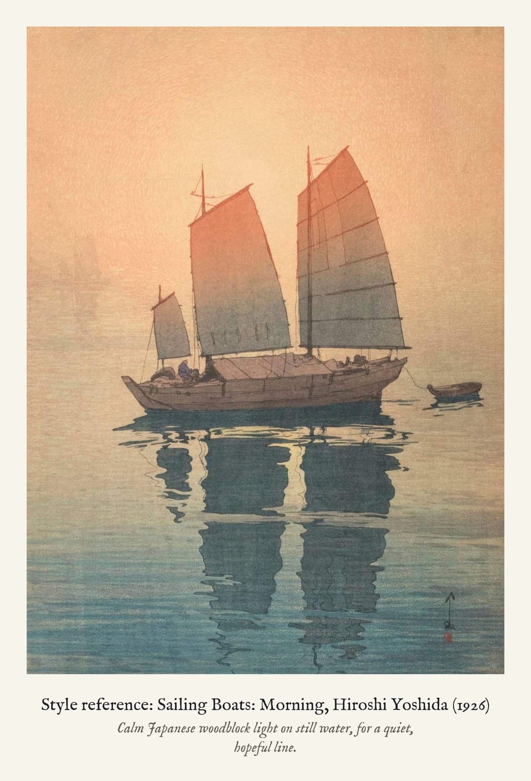 Style reference: Sailing Boats: Morning, Hiroshi Yoshida (1926). Calm Japanese woodblock light on still water, for a quiet, hopeful line.