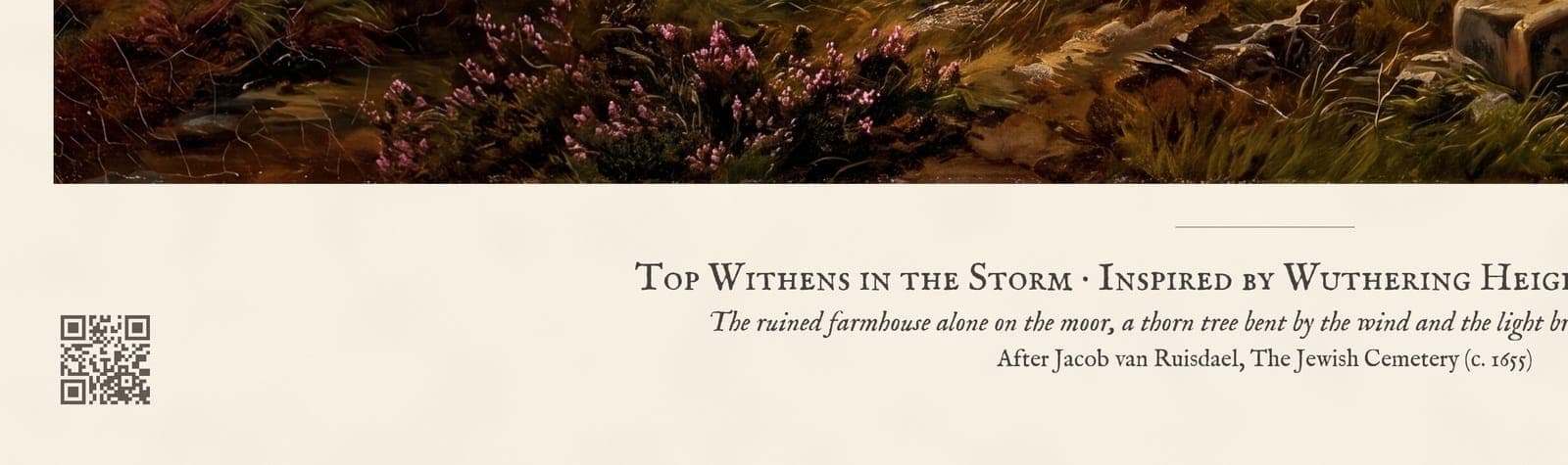 Top Withens in the Storm: Close-up of the sheet: the caption and the QR code to the story