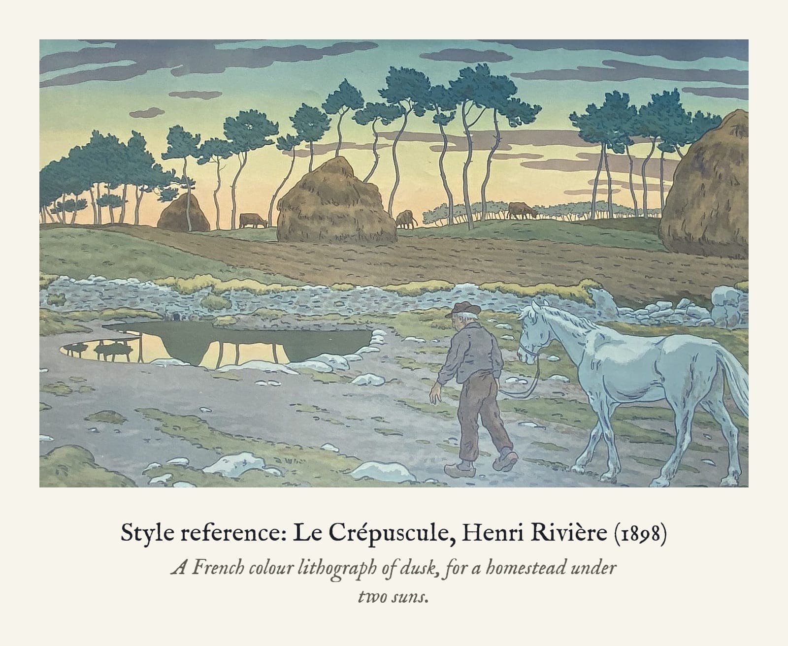 Style reference: Le Crépuscule, Henri Rivière (1898). A French colour lithograph of dusk, for a homestead under two suns.