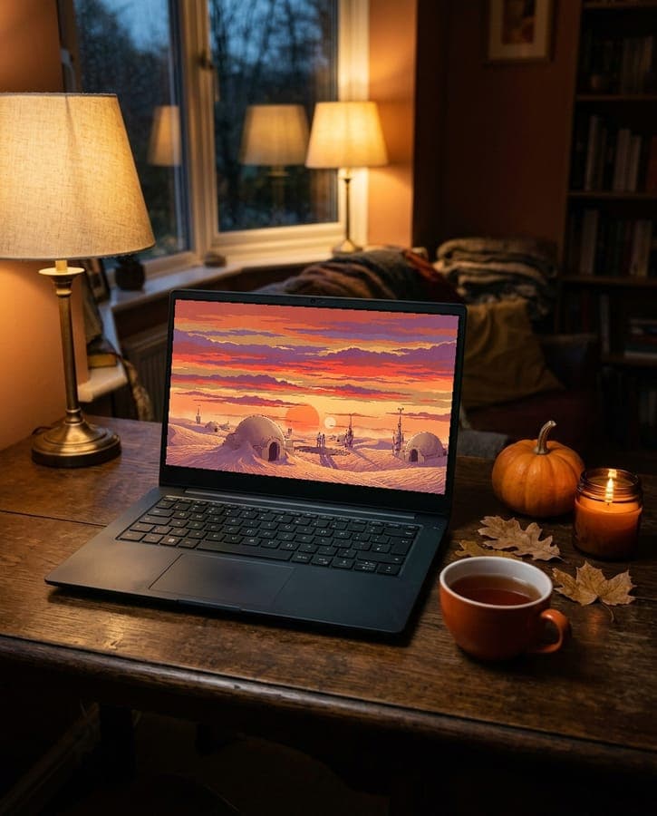 Desert Homestead at Dusk as a desktop wallpaper on a laptop