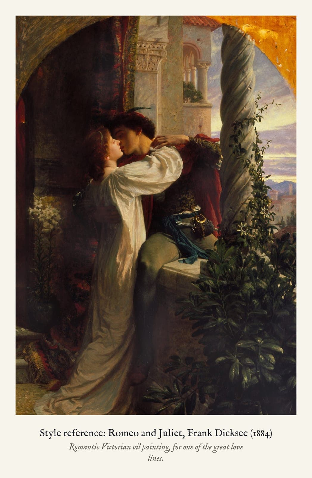 Style reference: Romeo and Juliet, Frank Dicksee (1884). Romantic Victorian oil painting, for one of the great love lines.
