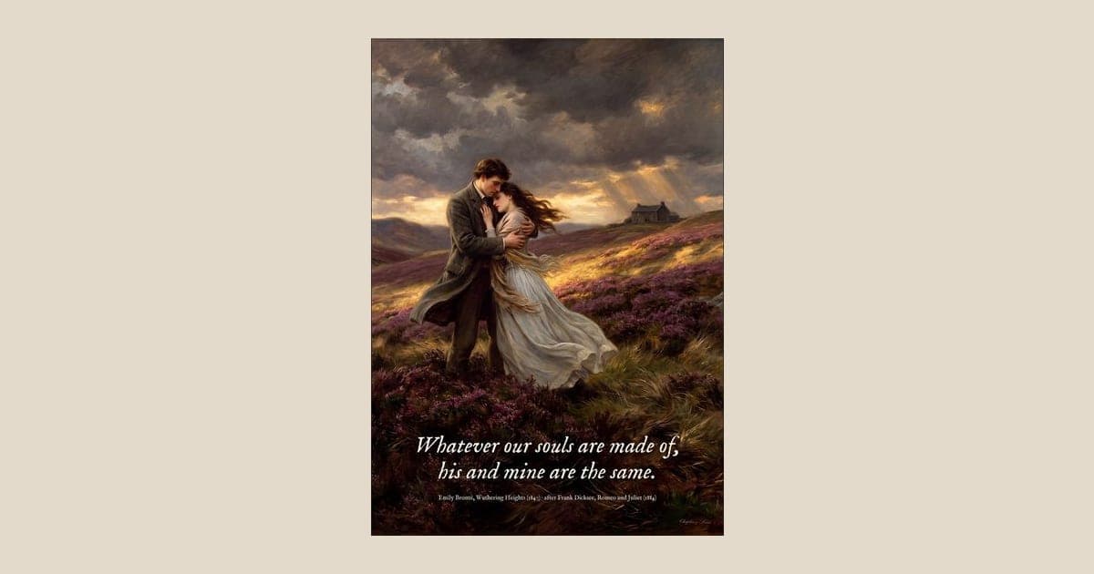 Wuthering Heights quote print in romantic Victorian oil style: two lovers embrace on a stormy heather moor with a farmhouse on the ridge behind, the Emily Bronte quote whatever our souls are made of, his and mine are the same set across the sky. Shown framed in black, white or natural oak and unframed, with the style reference and behind-the-scenes shots.