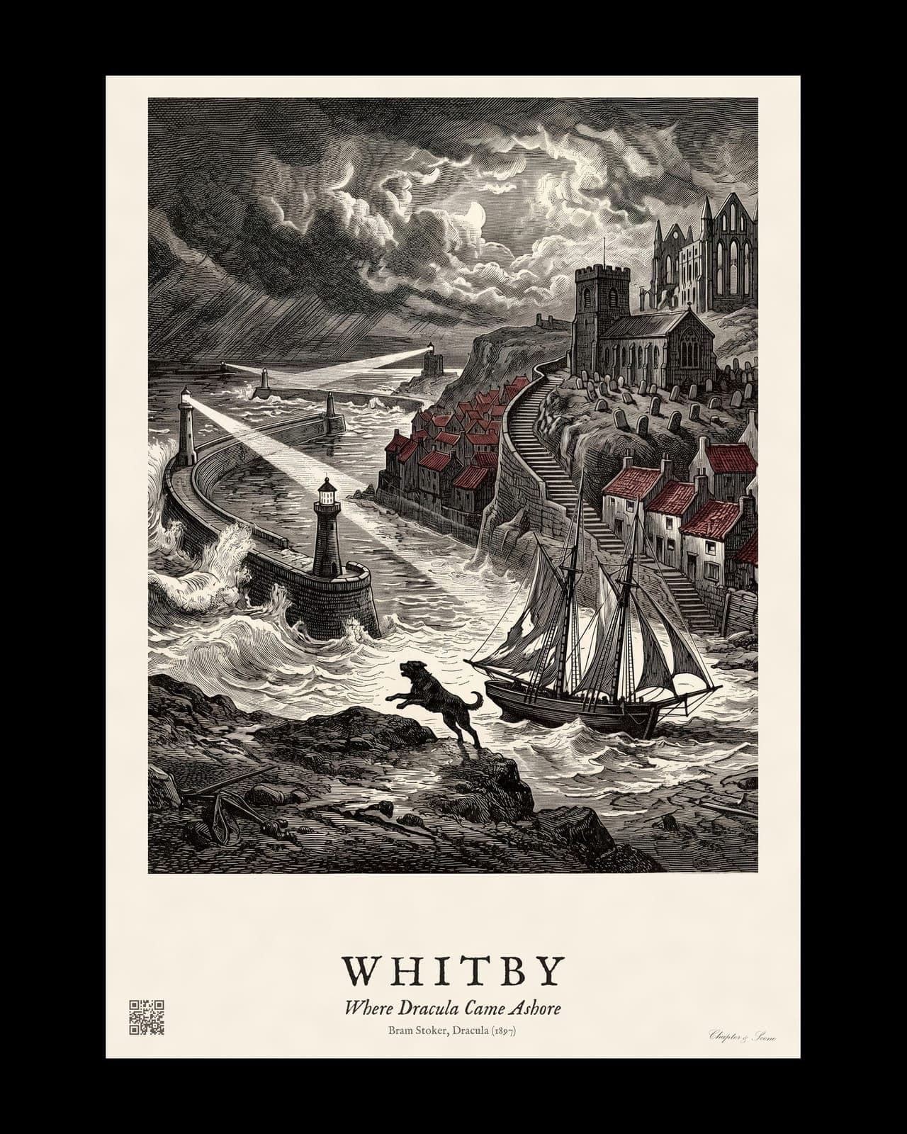Whitby railway poster print in flat 1930s colour: Whitby Abbey ruins on the cliff above the harbour with a black ship running for shore in a storm below, titled Whitby, where Dracula came ashore.