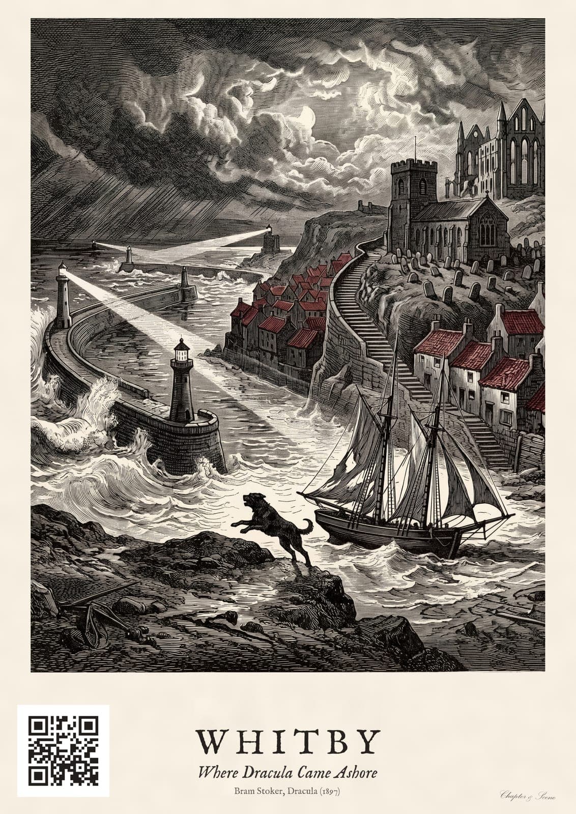Whitby railway poster print in flat 1930s colour: Whitby Abbey ruins on the cliff above the harbour with a black ship running for shore in a storm below, titled Whitby, where Dracula came ashore.