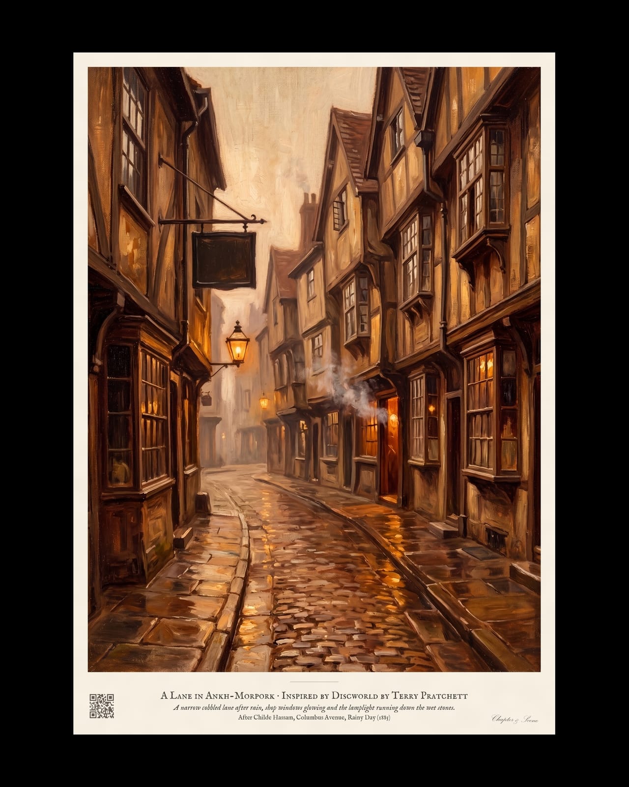 A Lane in Ankh-Morpork art print in the style of a Childe Hassam rainy street: a narrow cobbled lane after rain, leaning timber houses with glowing windows, a blank hanging tavern sign, a lantern and steam from a doorway.