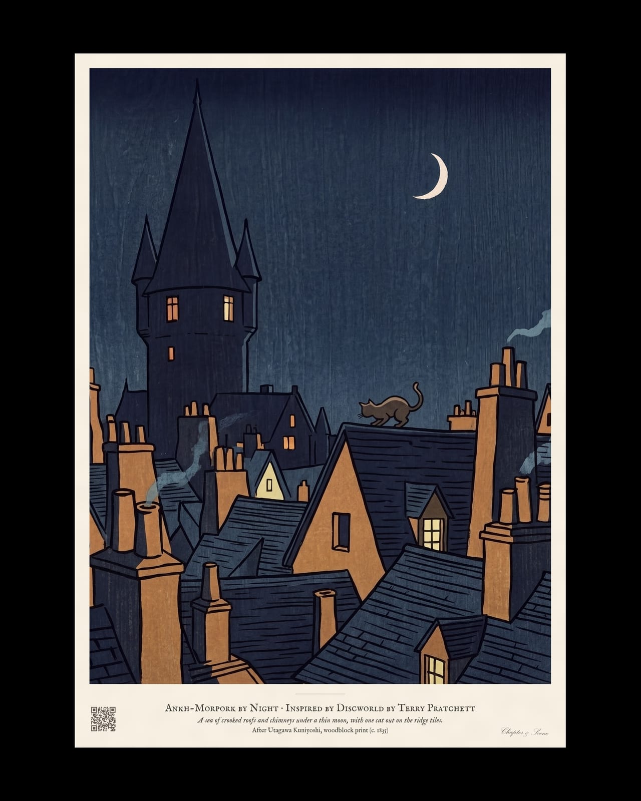 Ankh-Morpork Rooftops at Night art print in the style of a Kuniyoshi woodblock: crooked roofs and chimney pots in deep blue under a crescent moon, a cat on the ridge, lit amber windows and a tall pointed university tower.