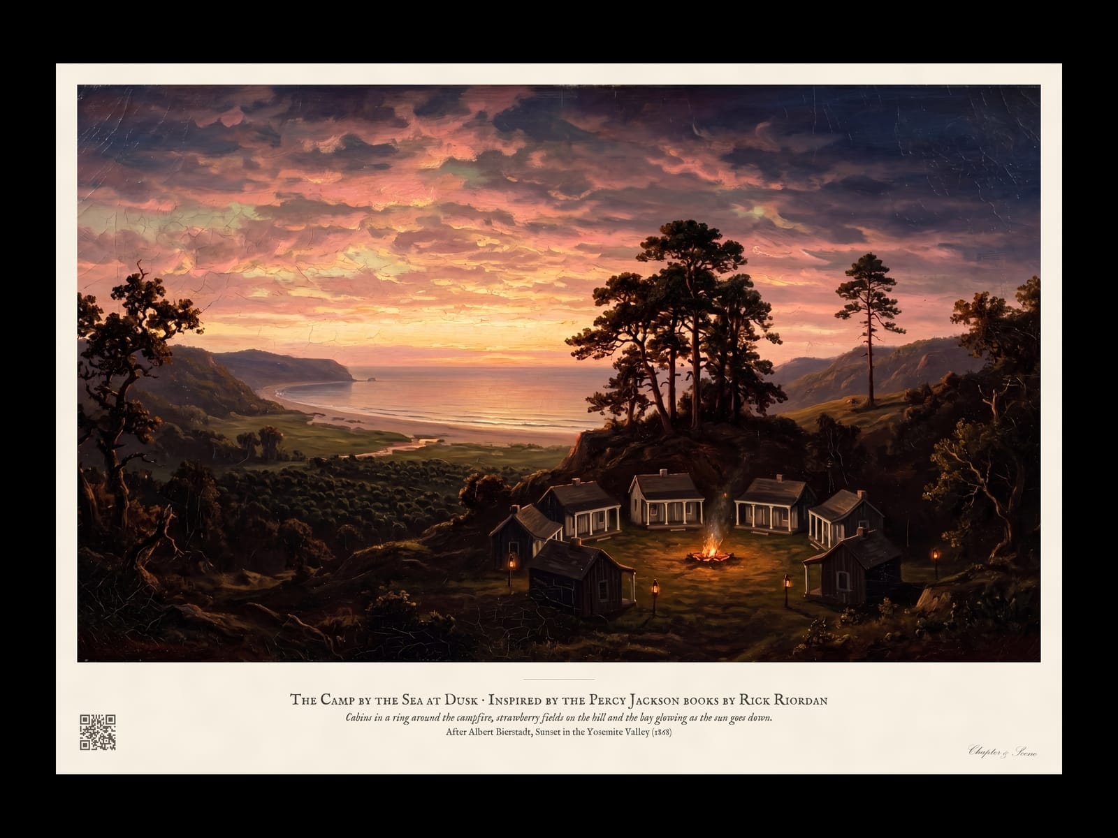 The Camp by the Sea at Dusk art print in the style of a Bierstadt sunset landscape: a ring of white-porched cabins around a campfire, tall pines on a ridge, a long beach and bay under a pink, gold and violet sky.