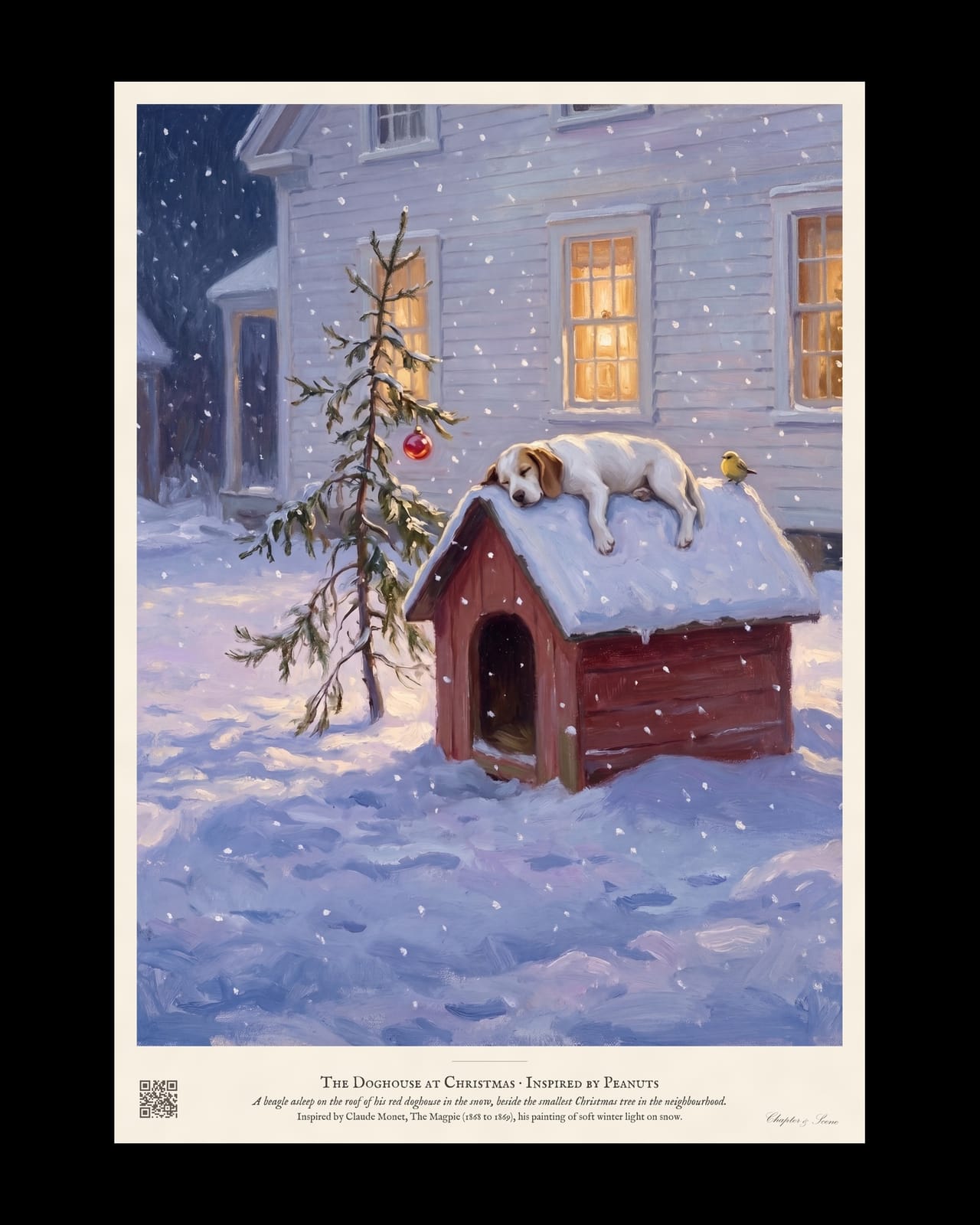 The Doghouse at Christmas art print in the style of an impressionist winter painting: a small beagle asleep on the snowy roof of a red doghouse, a thin Christmas tree with one red bauble, a yellow bird and the lit windows of a white house in falling snow.