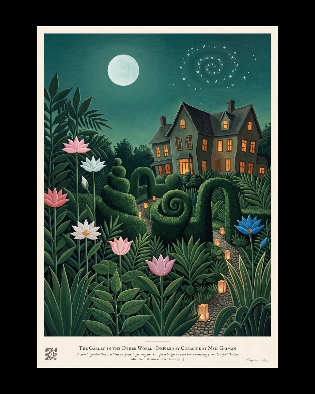 The Garden in the Other World art print in the style of a Rousseau dream painting: giant glowing flowers, spiral hedges and lantern-lit paths under a full moon, a crooked house with every window lit amber at the top of the hill.