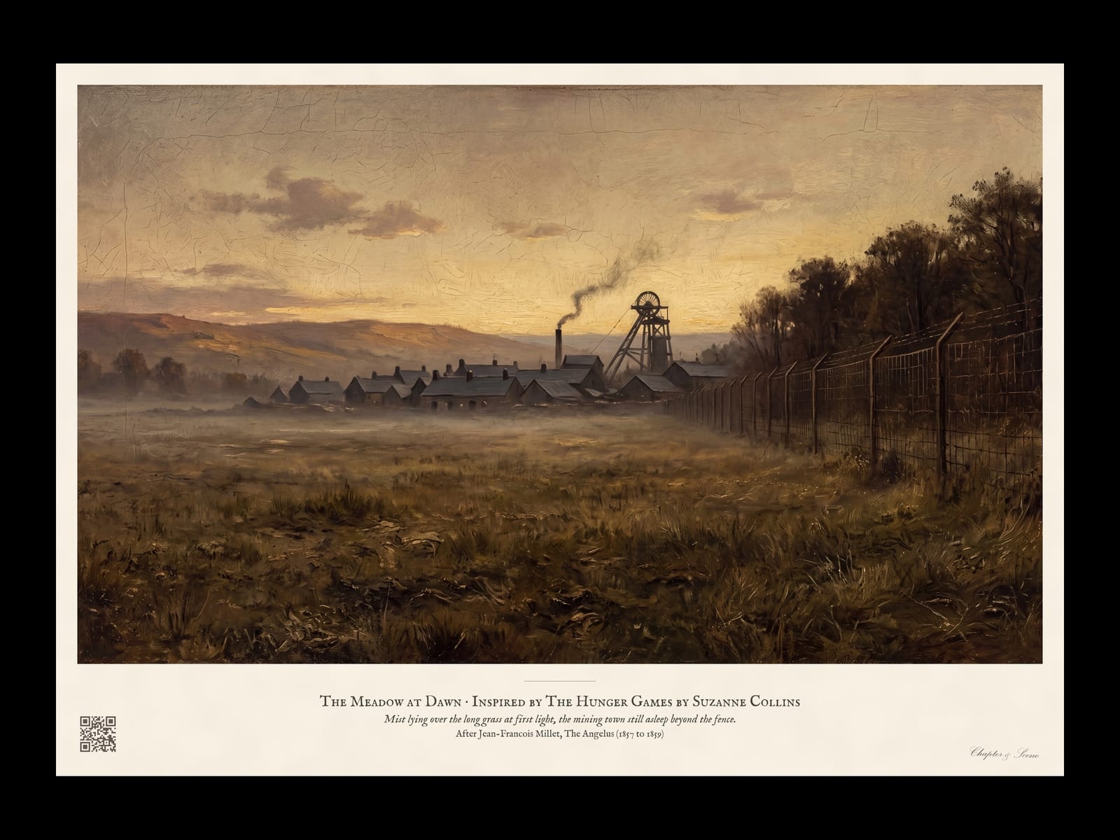 The Meadow at Dawn art print in the style of a Millet rural painting: a misty meadow of wild grass before a small mining town with slate roofs and a pit-head wheel, a tall wire fence beside a dark wood and a pale gold dawn sky.