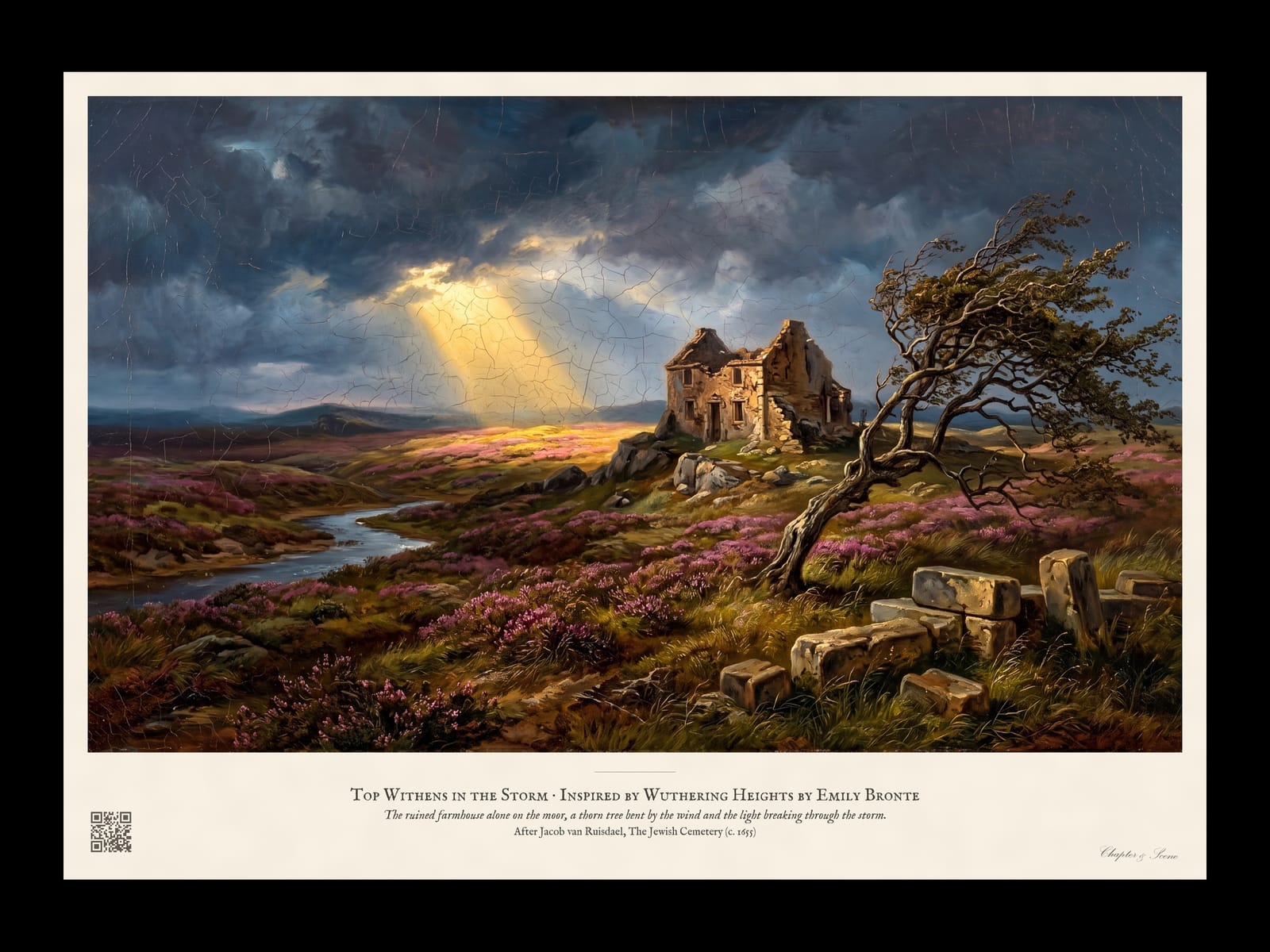 Top Withens in the Storm art print in the style of a Ruisdael landscape: a ruined stone farmhouse on a purple heather moor, a wind-bent hawthorn, a stream and golden rays breaking through dark storm clouds.